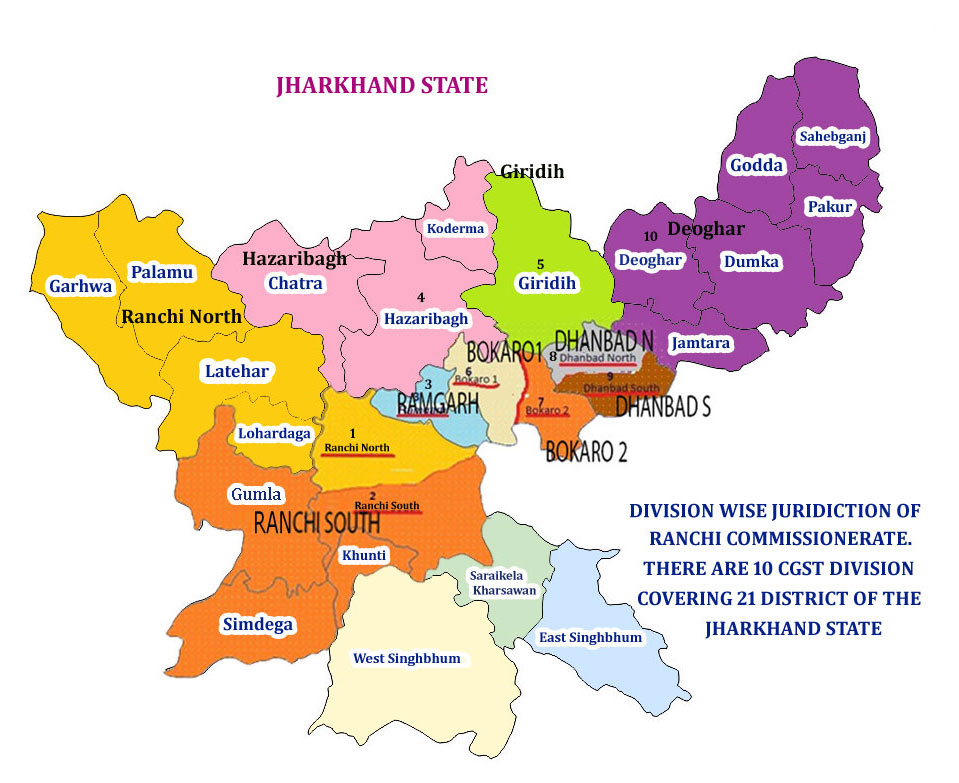 Map showing the jurisdiction of Central GST Commissionerate Appeals Patna in Jharkhand